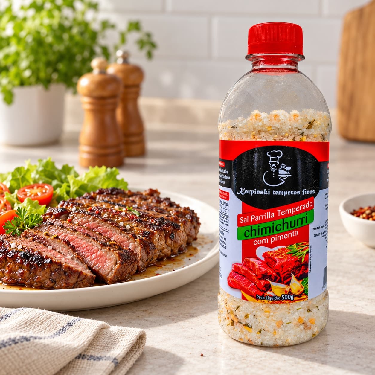 Sal Parrilla Chimichurri com Pimenta Karpinski 500 g — ao lado de carne grelhada