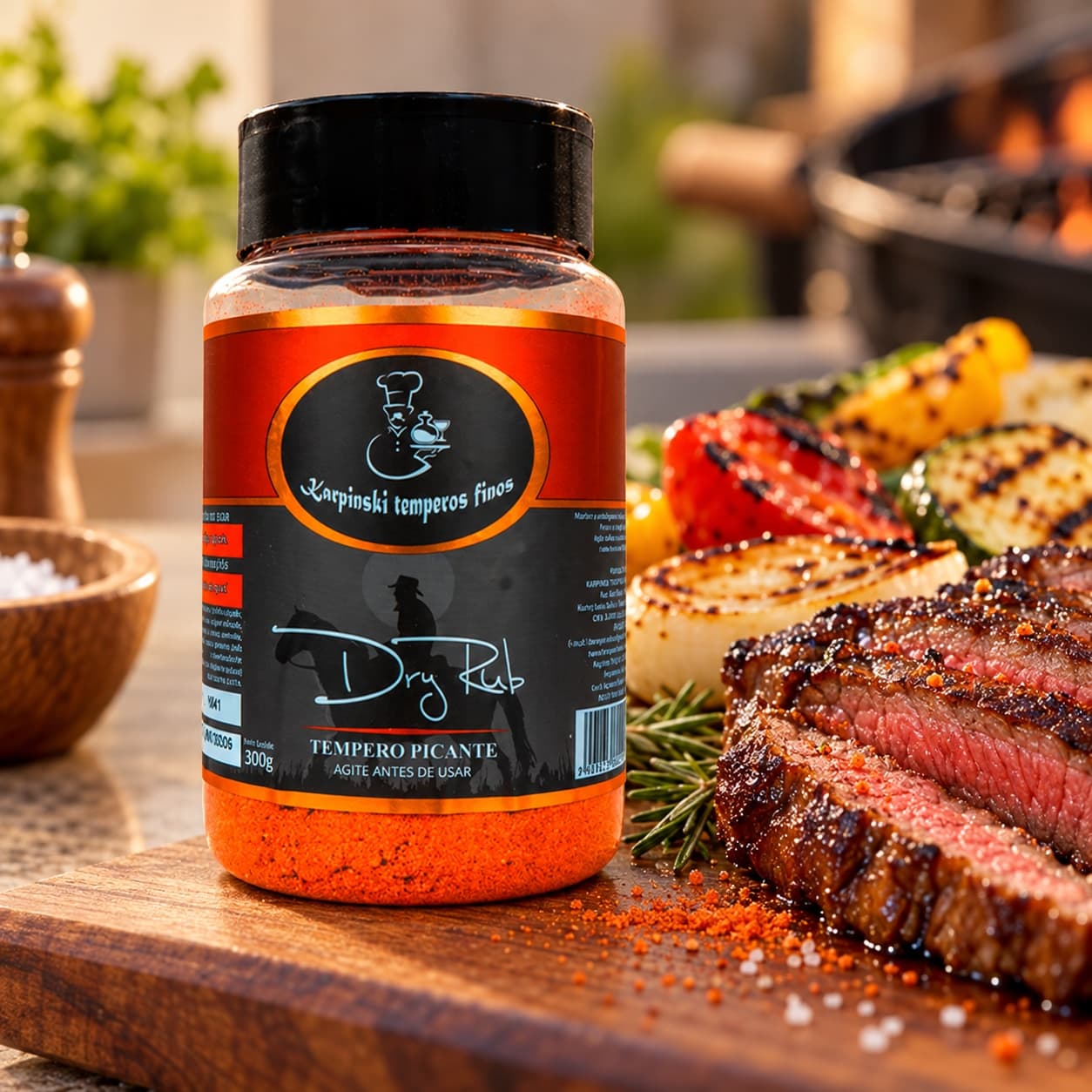 Sal Parrilla Dry Rub para Churrasco Karpinski 300 g — com legumes grelhados