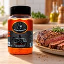 Sal Parrilla Dry Rub para Churrasco Karpinski 300 g — ao lado de carne grelhada