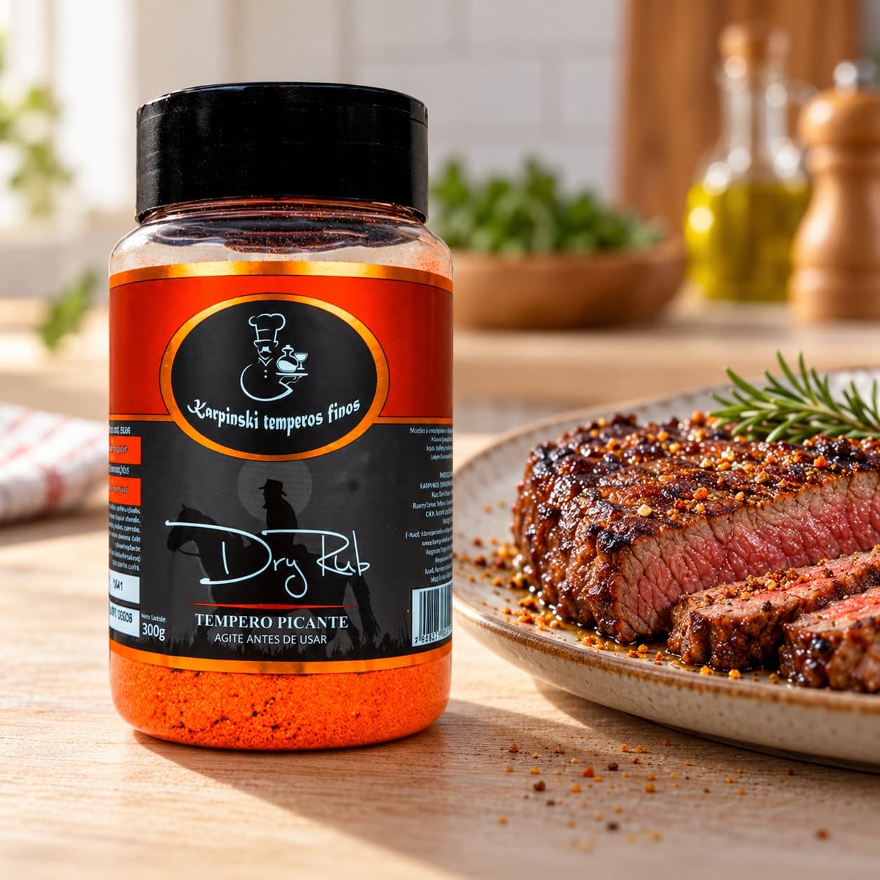 Sal Parrilla Dry Rub para Churrasco Karpinski 300 g — ao lado de carne grelhada