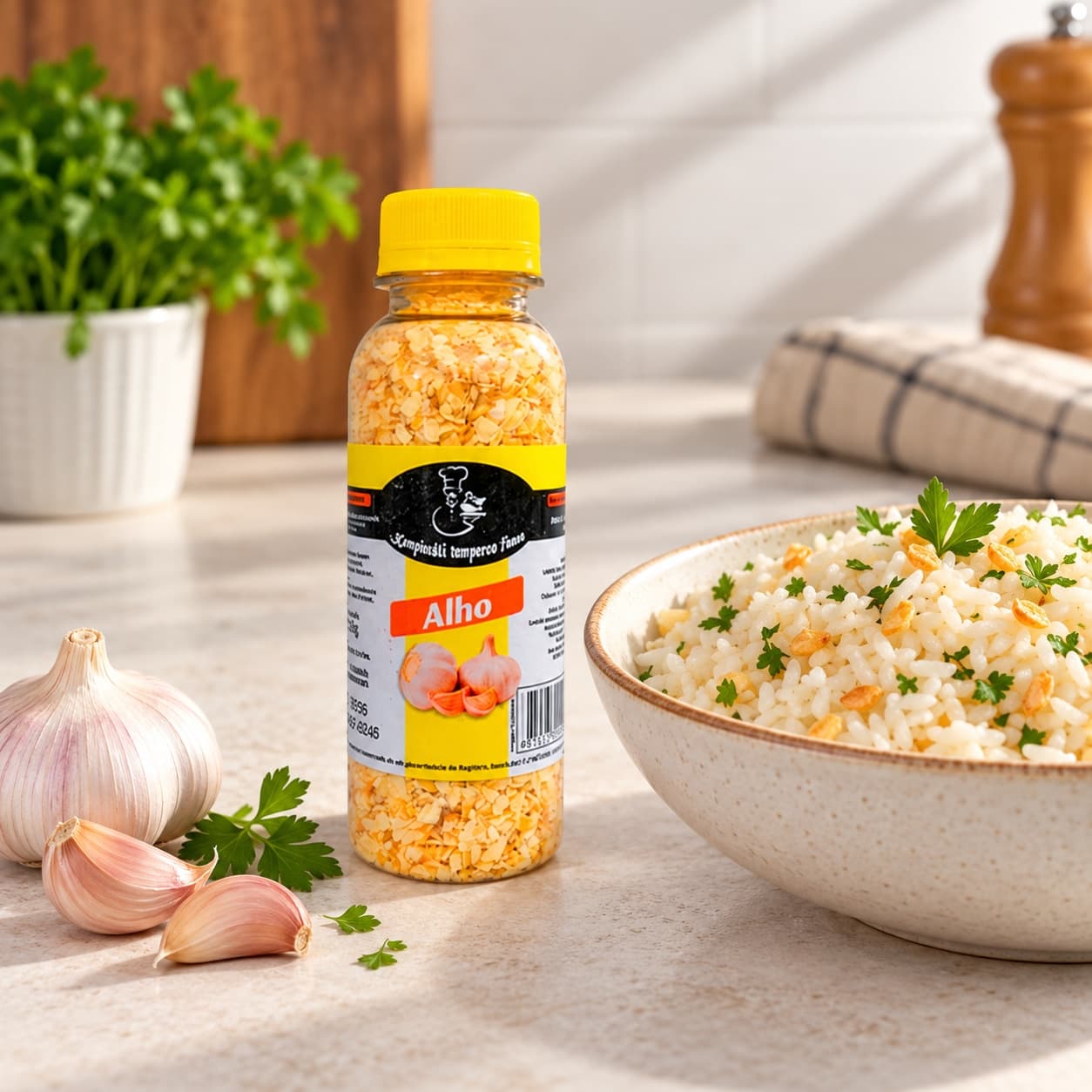 Alho Desidratado Karpinski — ao lado de arroz com alho
