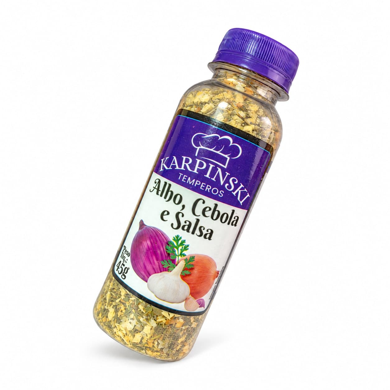 Tempero Alho, Cebola e Salsa Karpinski 45 g — embalagem em fundo branco