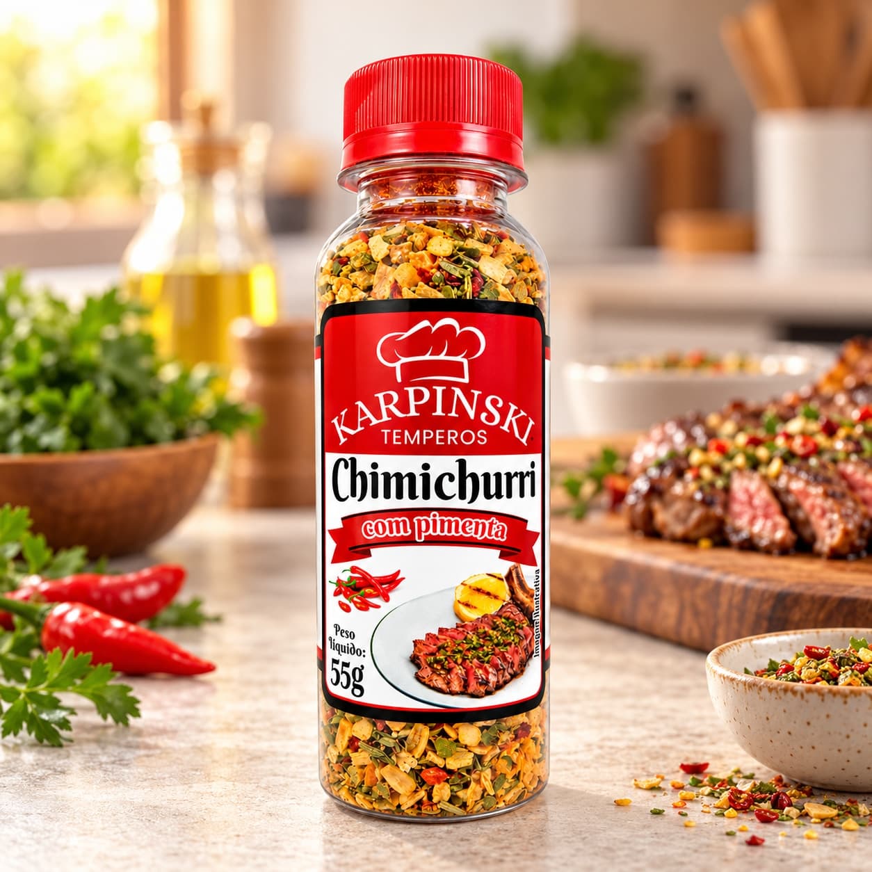 Tempero Chimichurri com Pimenta Karpinski 55 g — na bancada da cozinha
