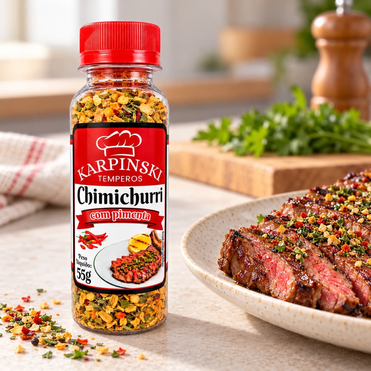 Tempero Chimichurri com Pimenta Karpinski 55 g — ao lado de carne grelhada