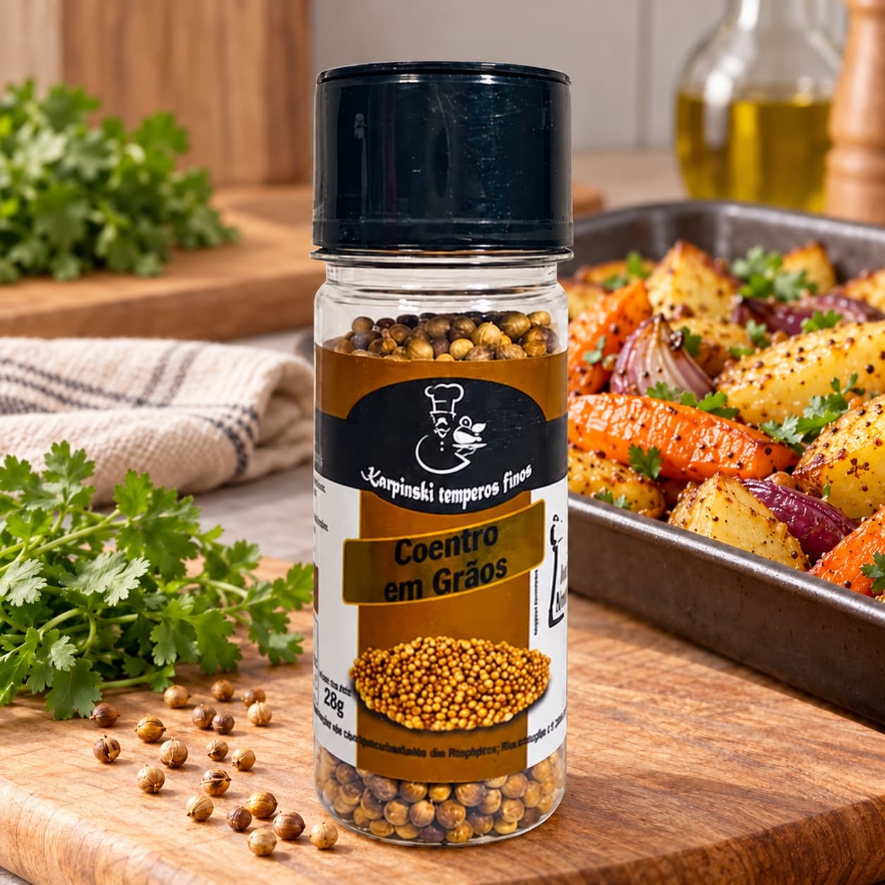 Coentro em Grãos com Moedor Karpinski 28 g — no preparo com legumes assados