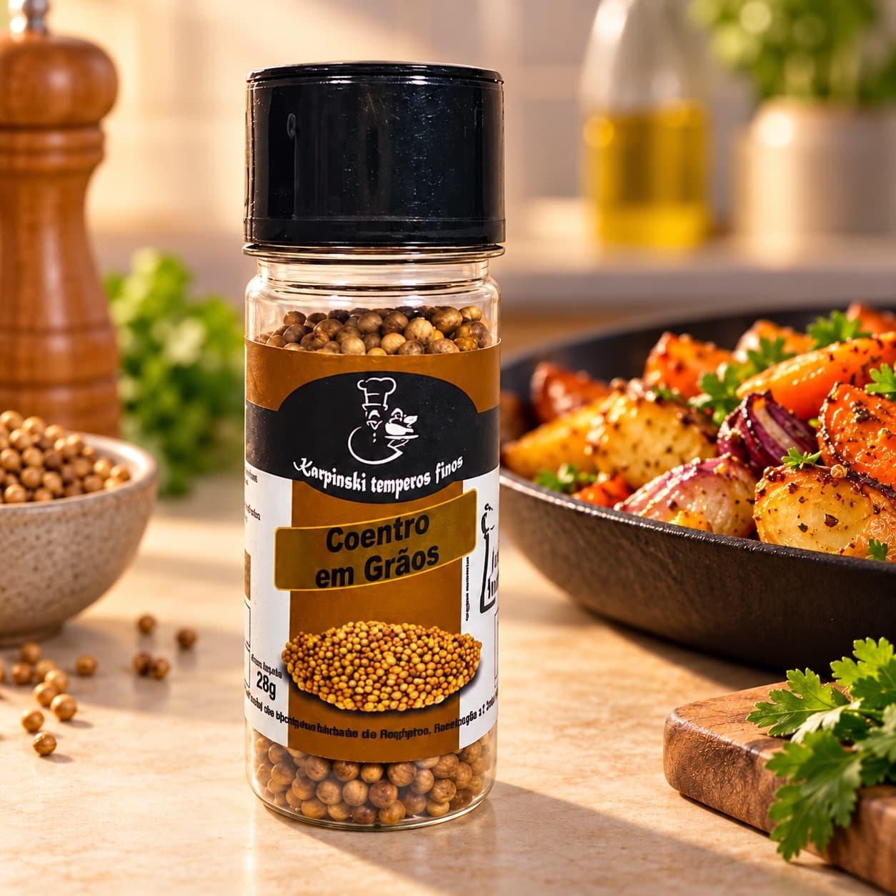 Coentro em Grãos com Moedor Karpinski 28 g — com legumes assados