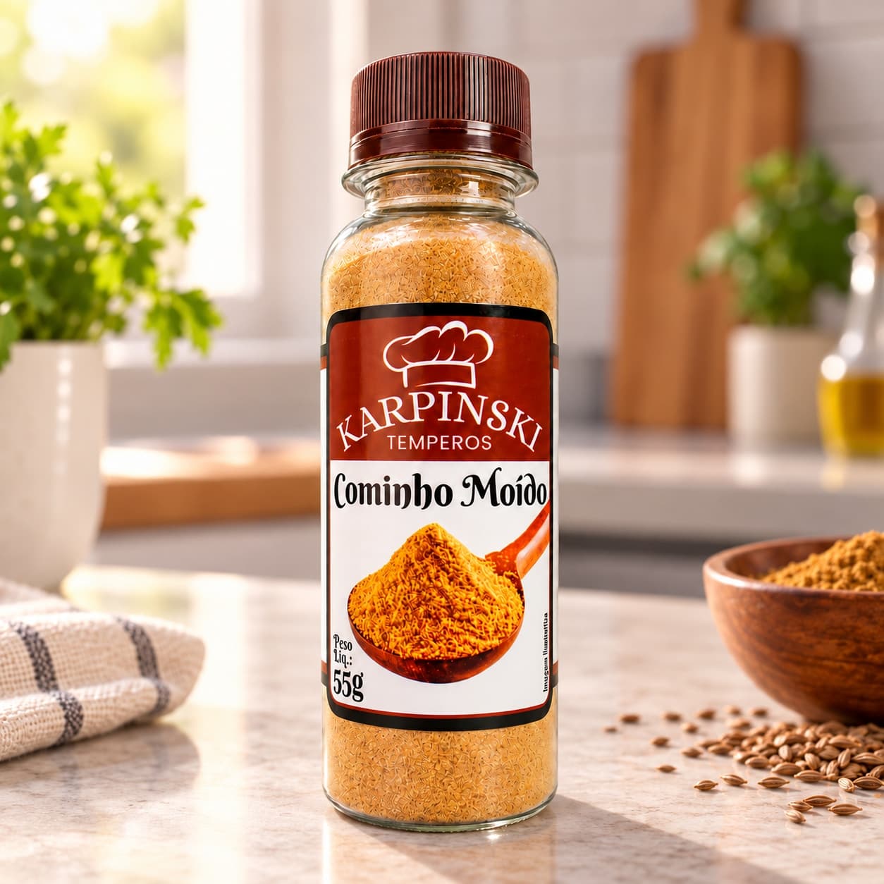 Tempero Cominho Moído Karpinski 55 g — na bancada da cozinha