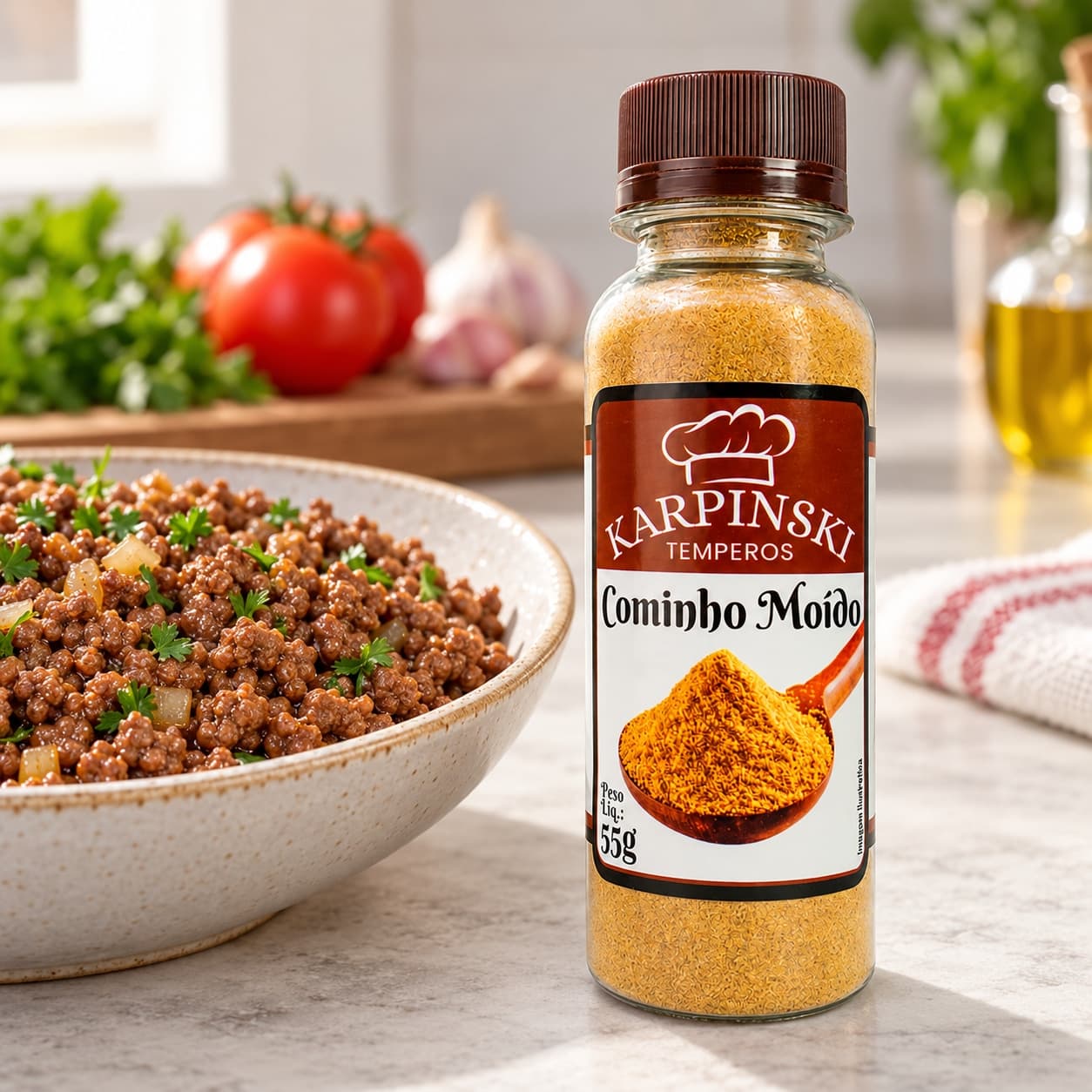 Tempero Cominho Moído Karpinski 55 g — ao lado de carne moída cozida