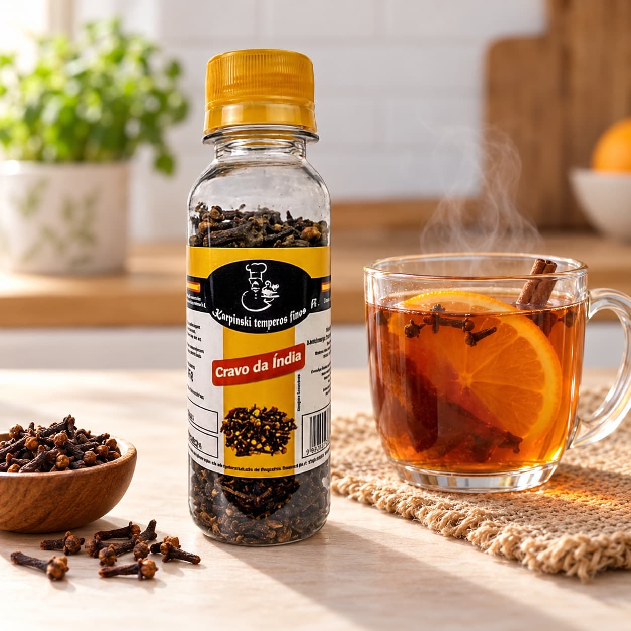 Cravo da Índia em Flor Karpinski 45 g — ao lado de bebida quente com especiarias