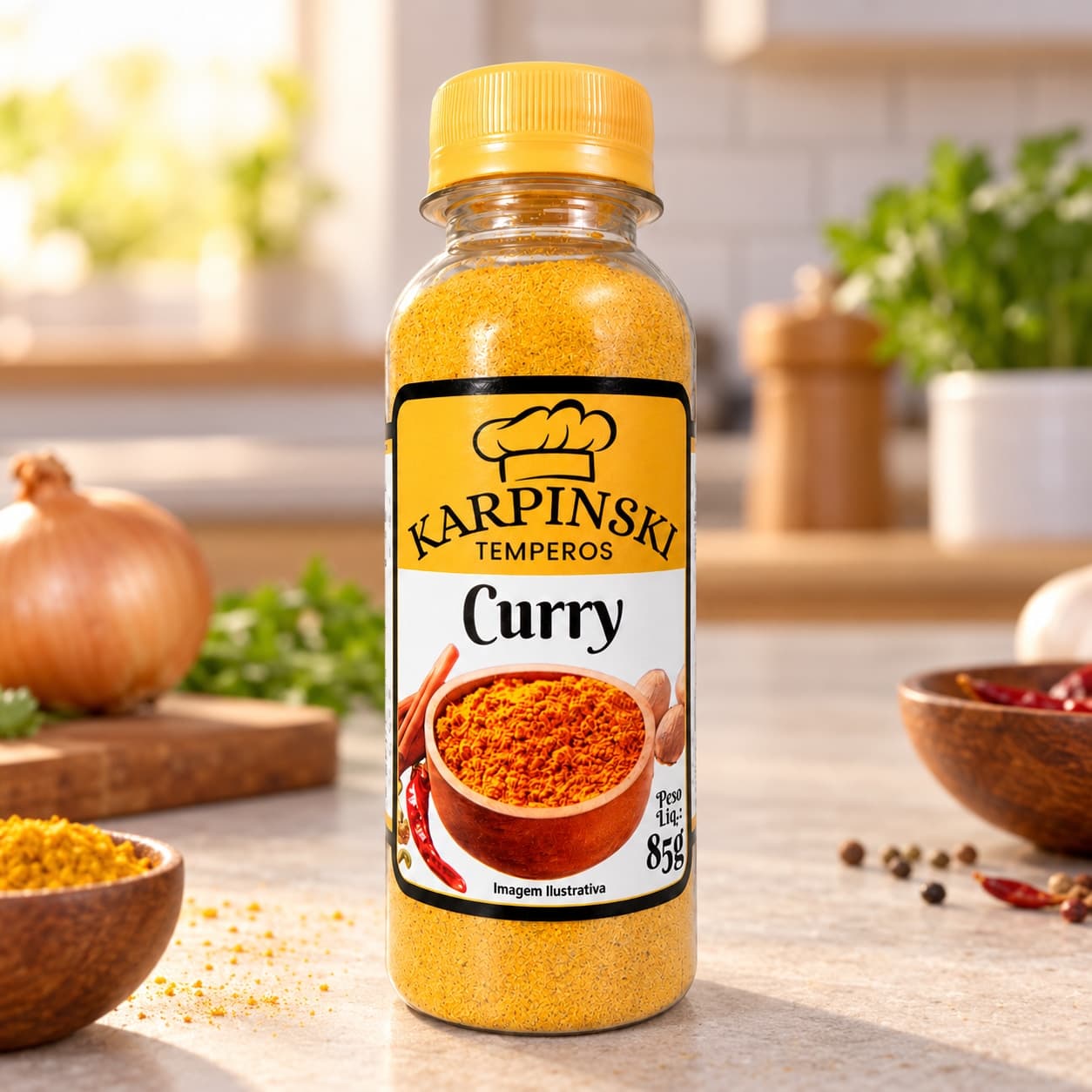 Curry em Pó Karpinski 85 g — na bancada da cozinha