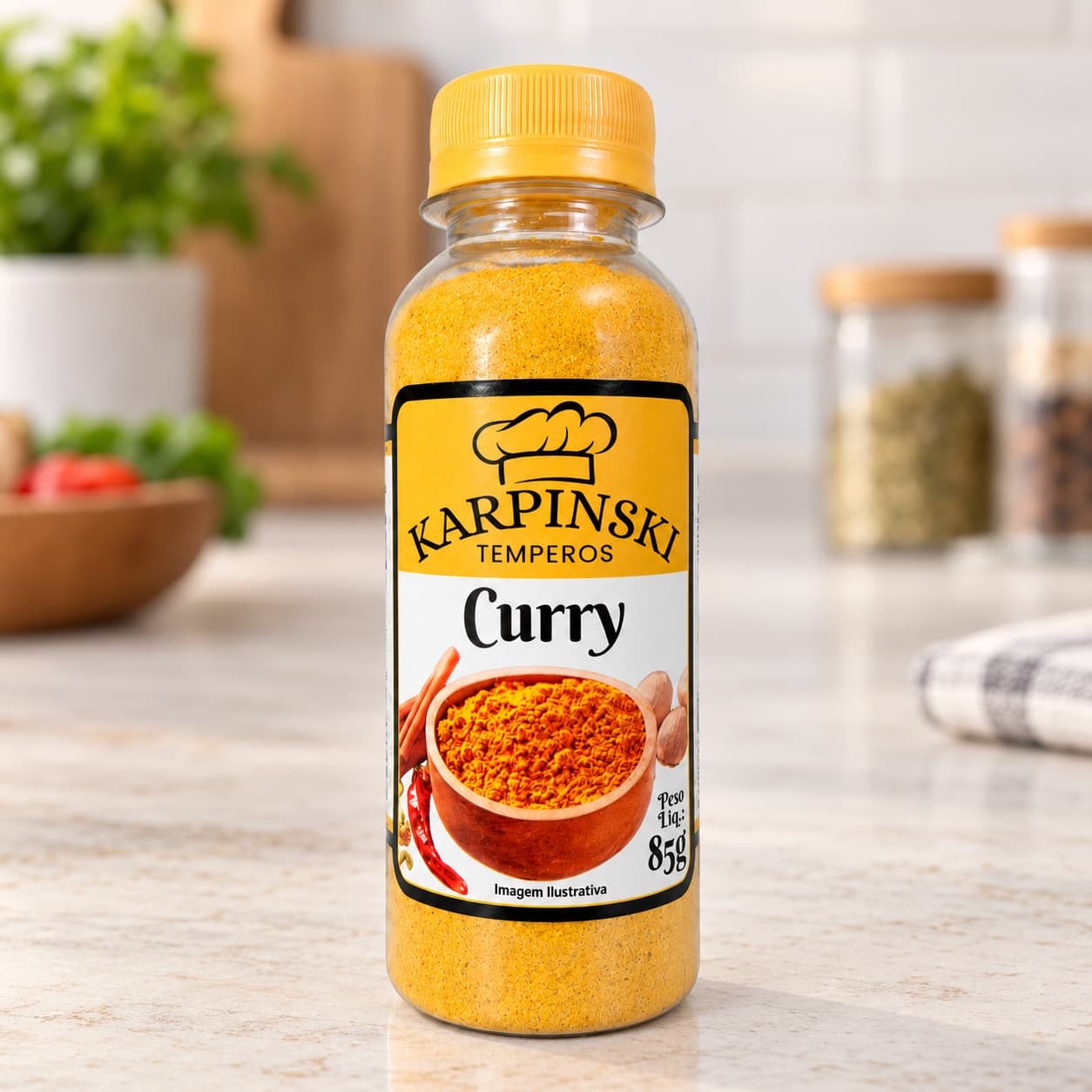 Curry em Pó Karpinski 85 g — detalhe da embalagem e do rótulo