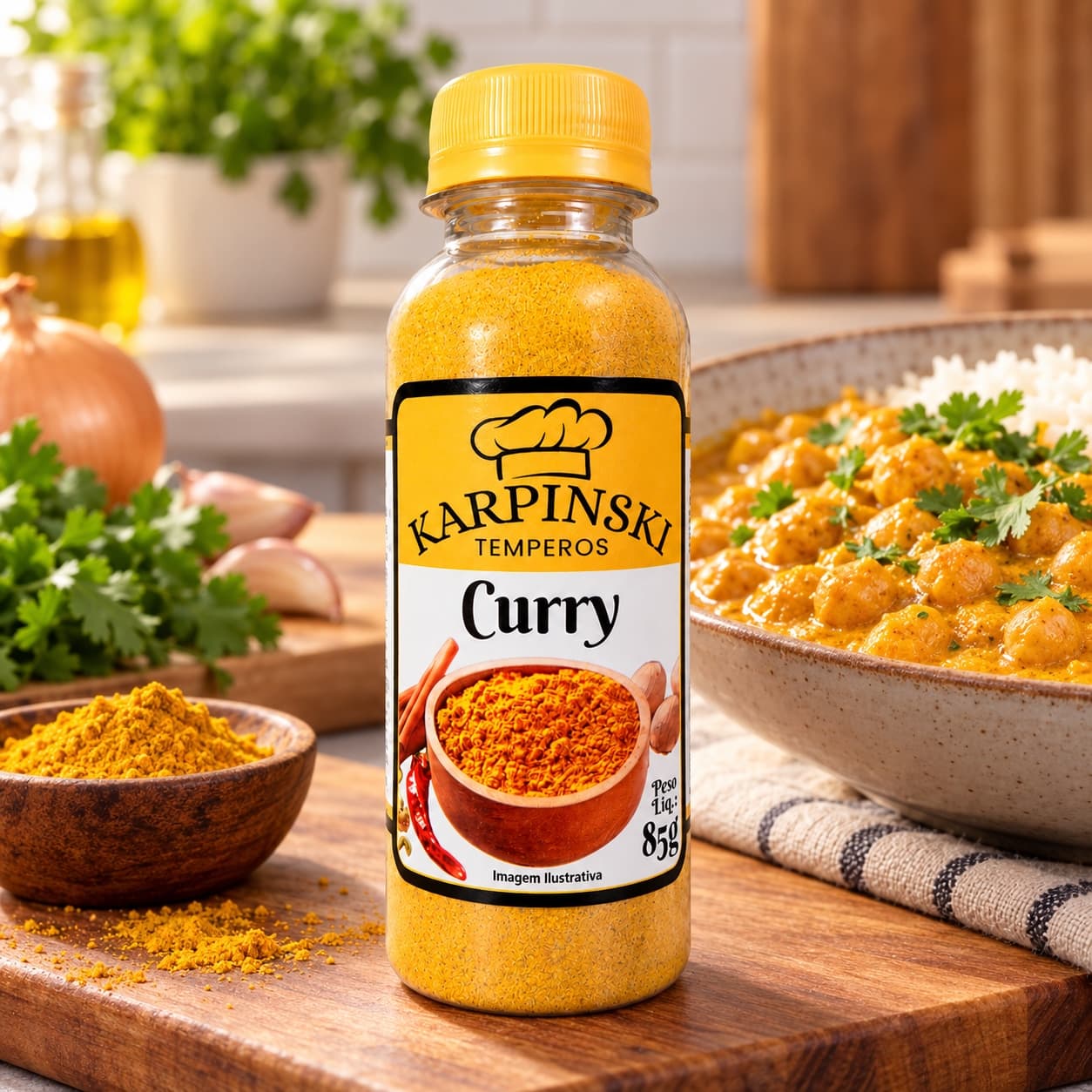Curry em Pó Karpinski 85 g — no preparo com grão-de-bico ao molho cremoso