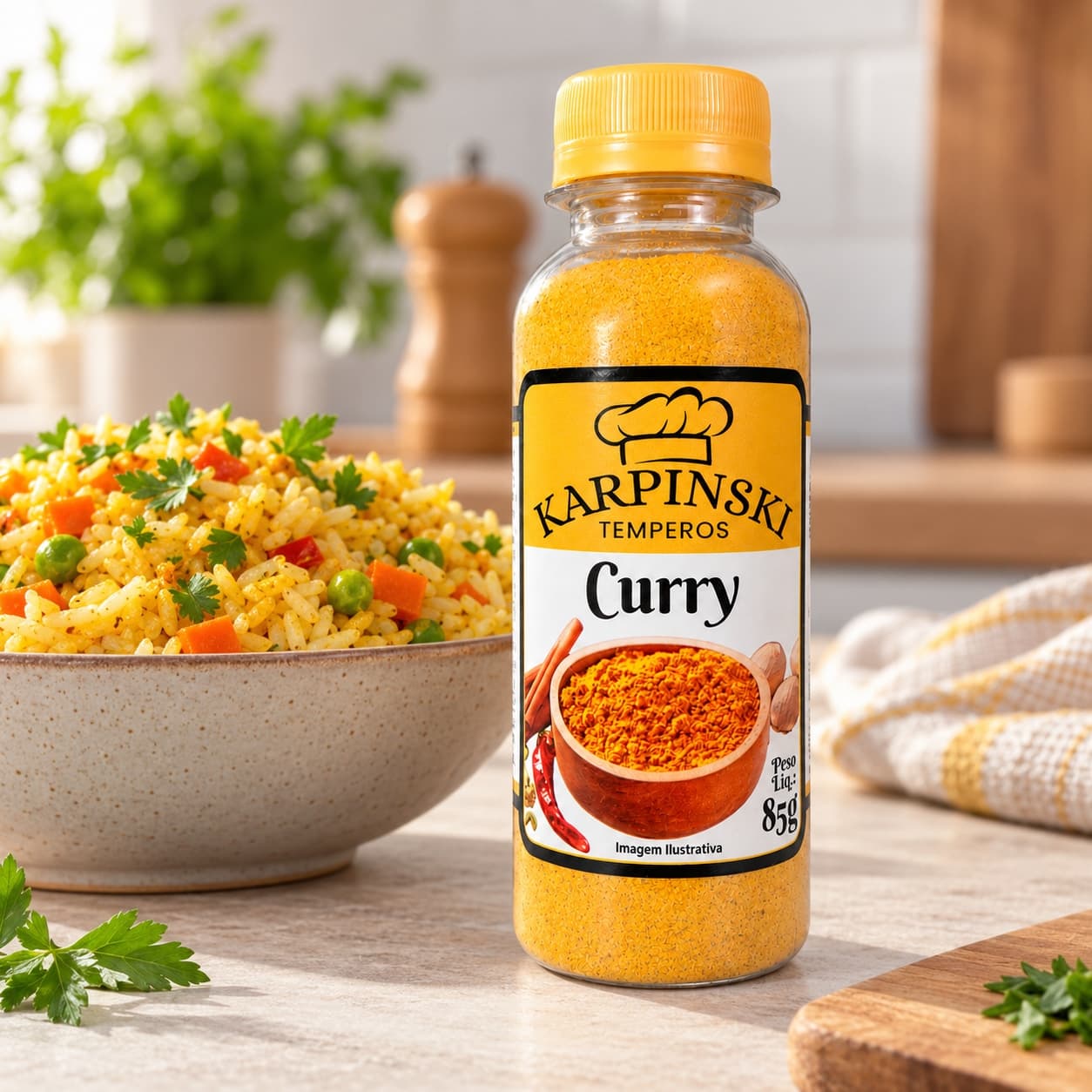 Curry em Pó Karpinski 85 g — ao lado de arroz com legumes