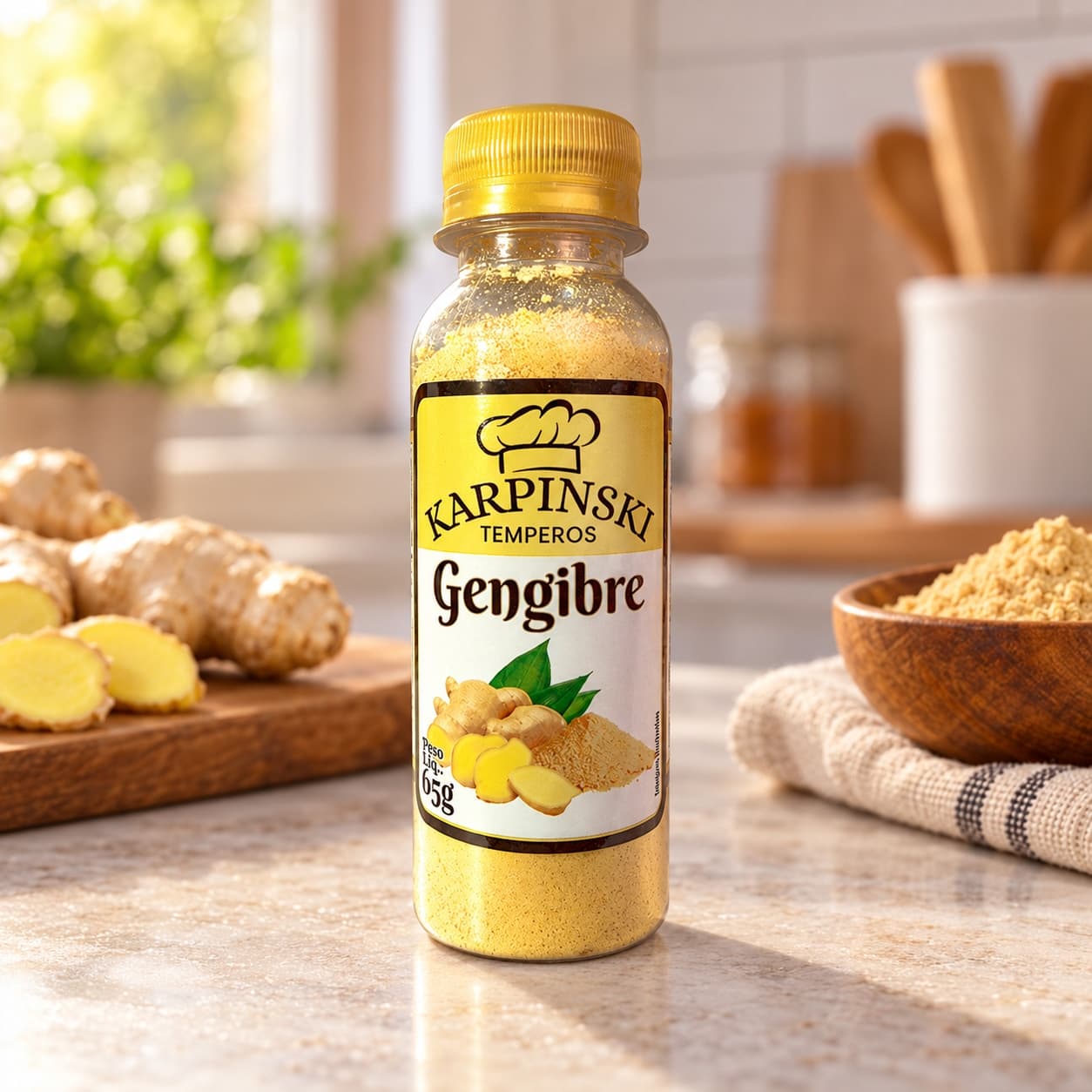Gengibre em Pó Karpinski 65 g — na bancada da cozinha