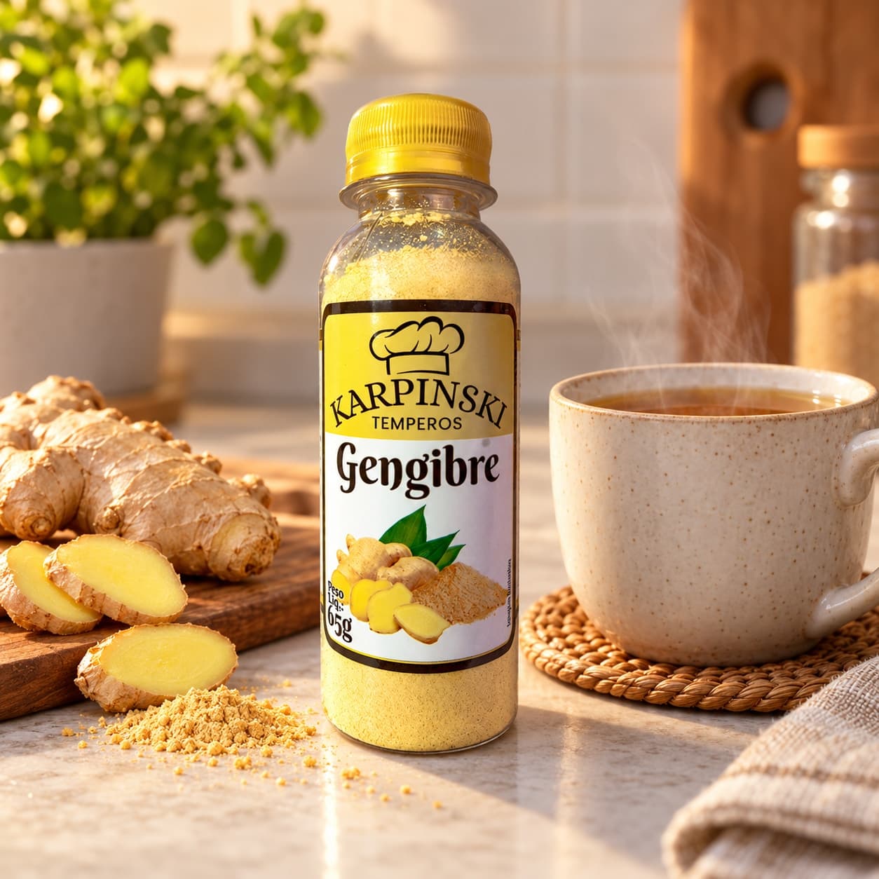 Gengibre em Pó Karpinski 65 g — com bebida quente em caneca