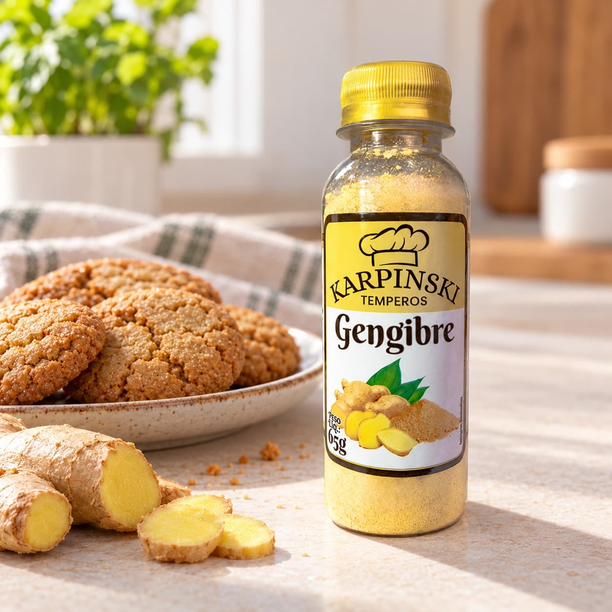 Gengibre em Pó Karpinski 65 g — ao lado de biscoitos caseiros