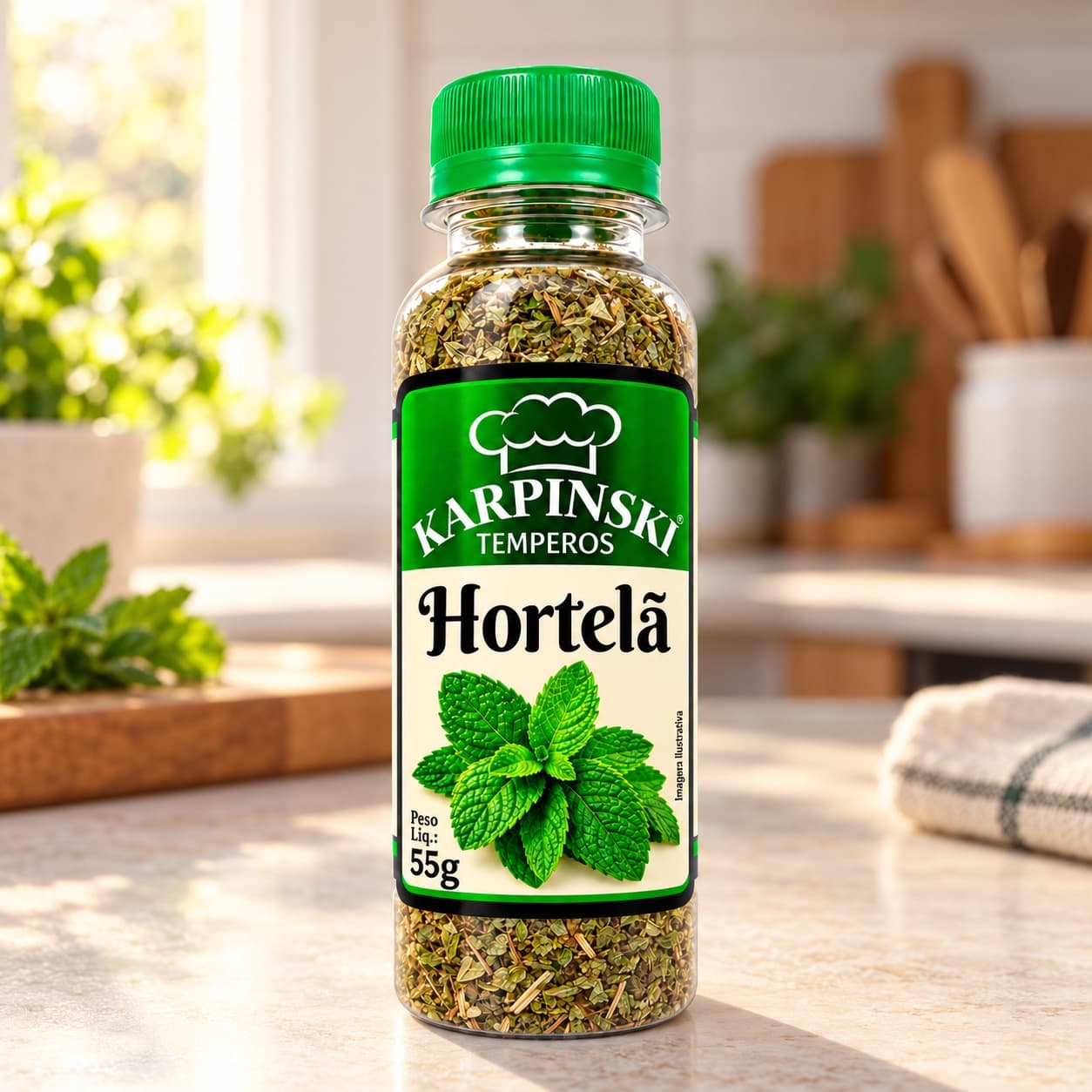 Hortelã Desidratada Karpinski 55 g — na bancada da cozinha