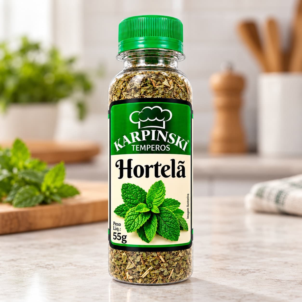Hortelã Desidratada Karpinski 55 g — detalhe da embalagem e do rótulo