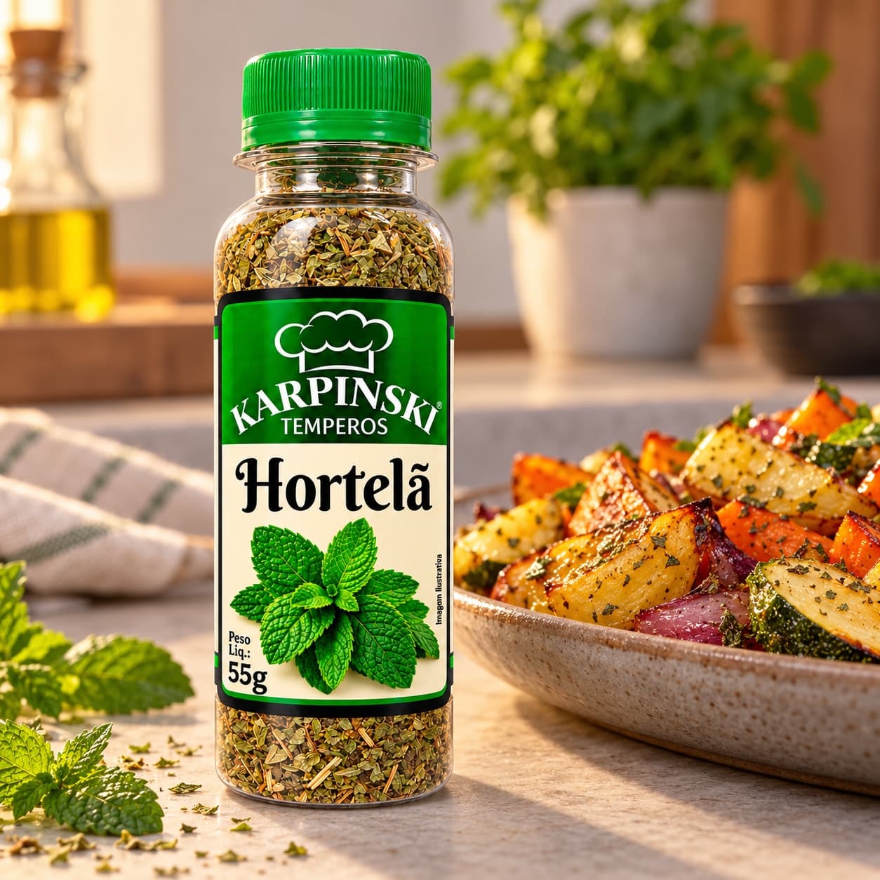 Hortelã Desidratada Karpinski 55 g — com legumes assados