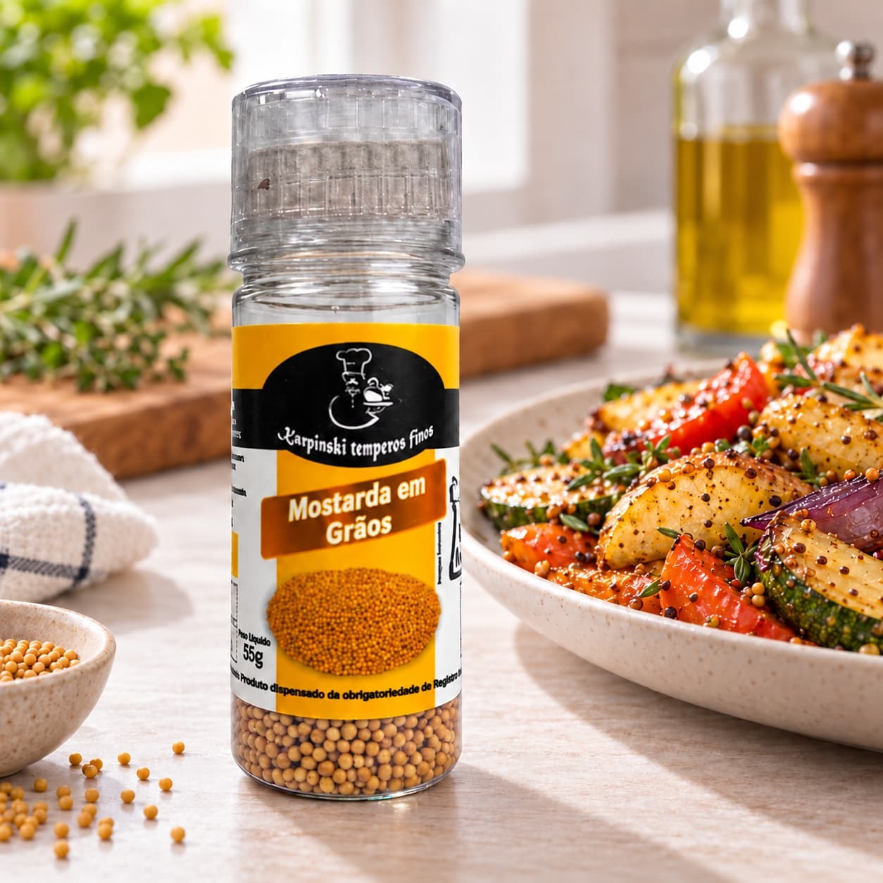 Mostarda em Grãos para Moedor Karpinski 55 g — ao lado de legumes assados