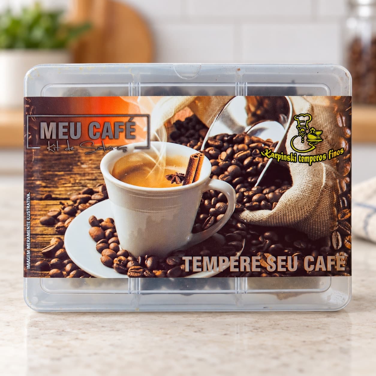 Kit Meu Café com Especiarias Karpinski — detalhe da embalagem e do rótulo