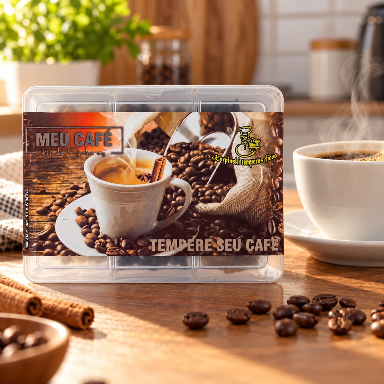Kit Meu Café com Especiarias Karpinski — com café preparado em xícara