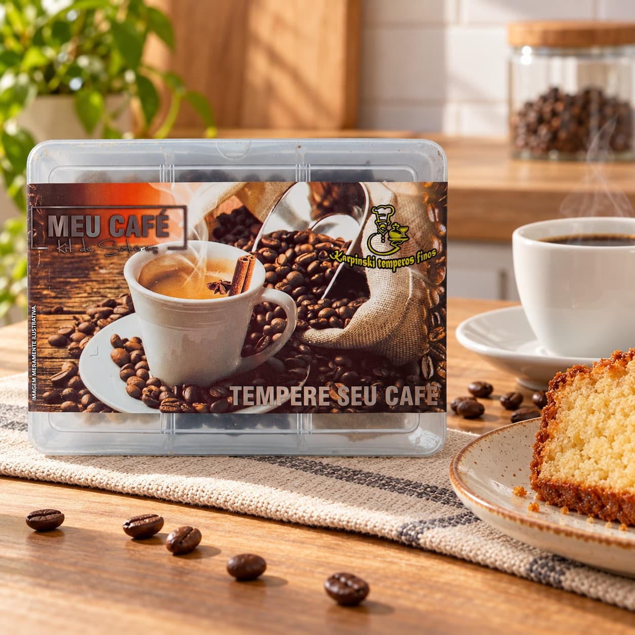 Kit Meu Café com Especiarias Karpinski — ao lado de café e bolo caseiro