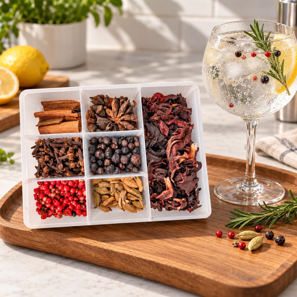 Kit Meu Gin Gourmet Karpinski — ao lado de bebida de tônica em bandeja