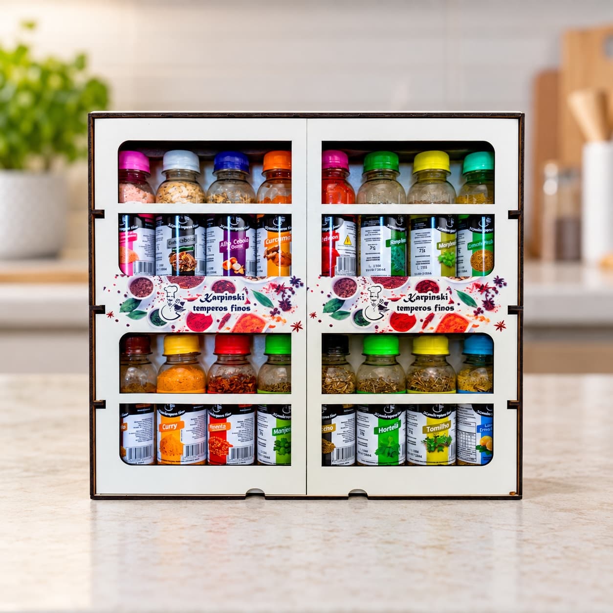 Kit Premium com 16 Temperos Karpinski — detalhe da embalagem e do rótulo