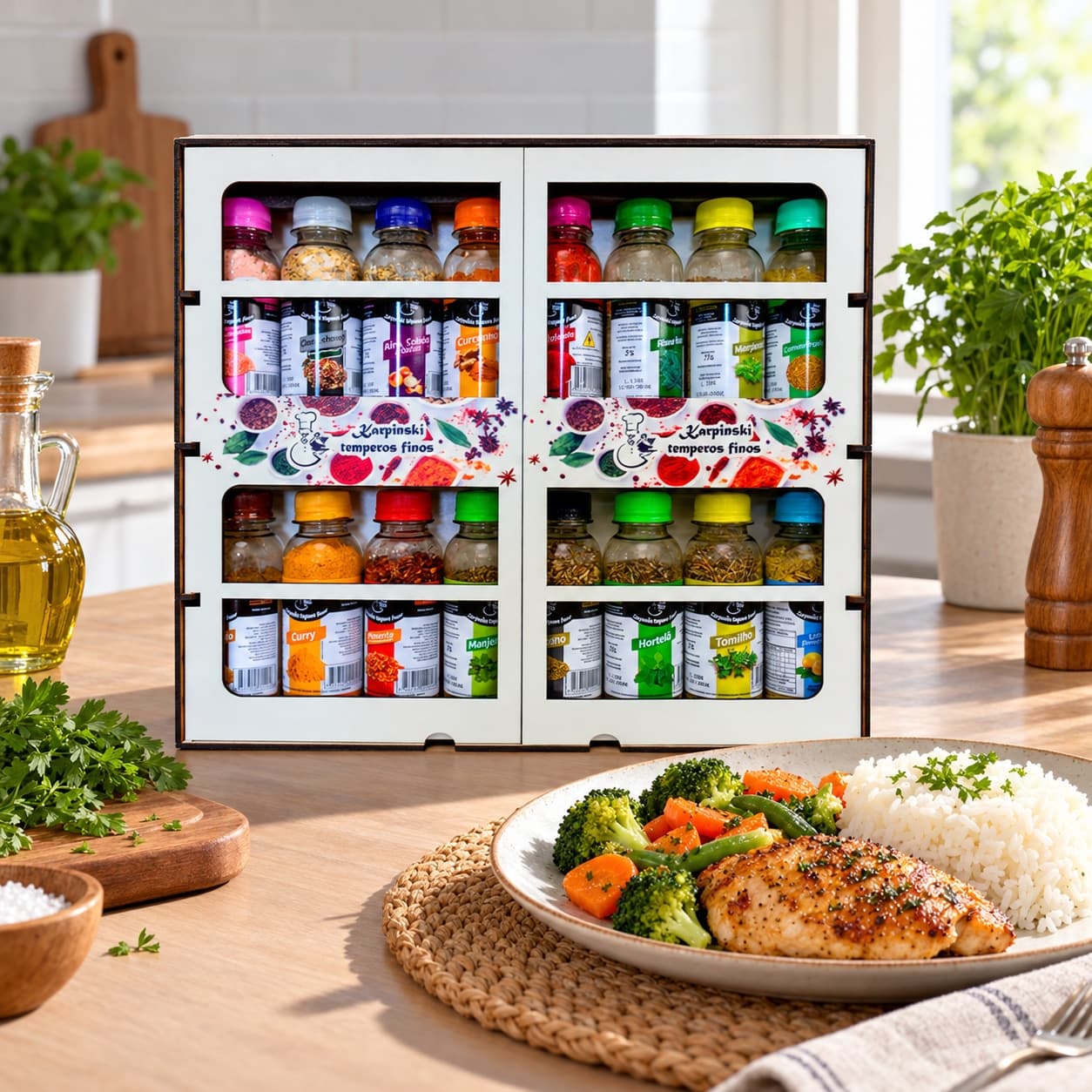 Kit Premium com 16 Temperos Karpinski — ao lado de refeição com arroz e legumes