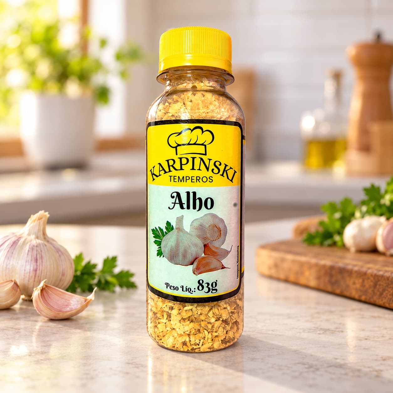 Alho Granulado Karpinski 83 g — na bancada da cozinha
