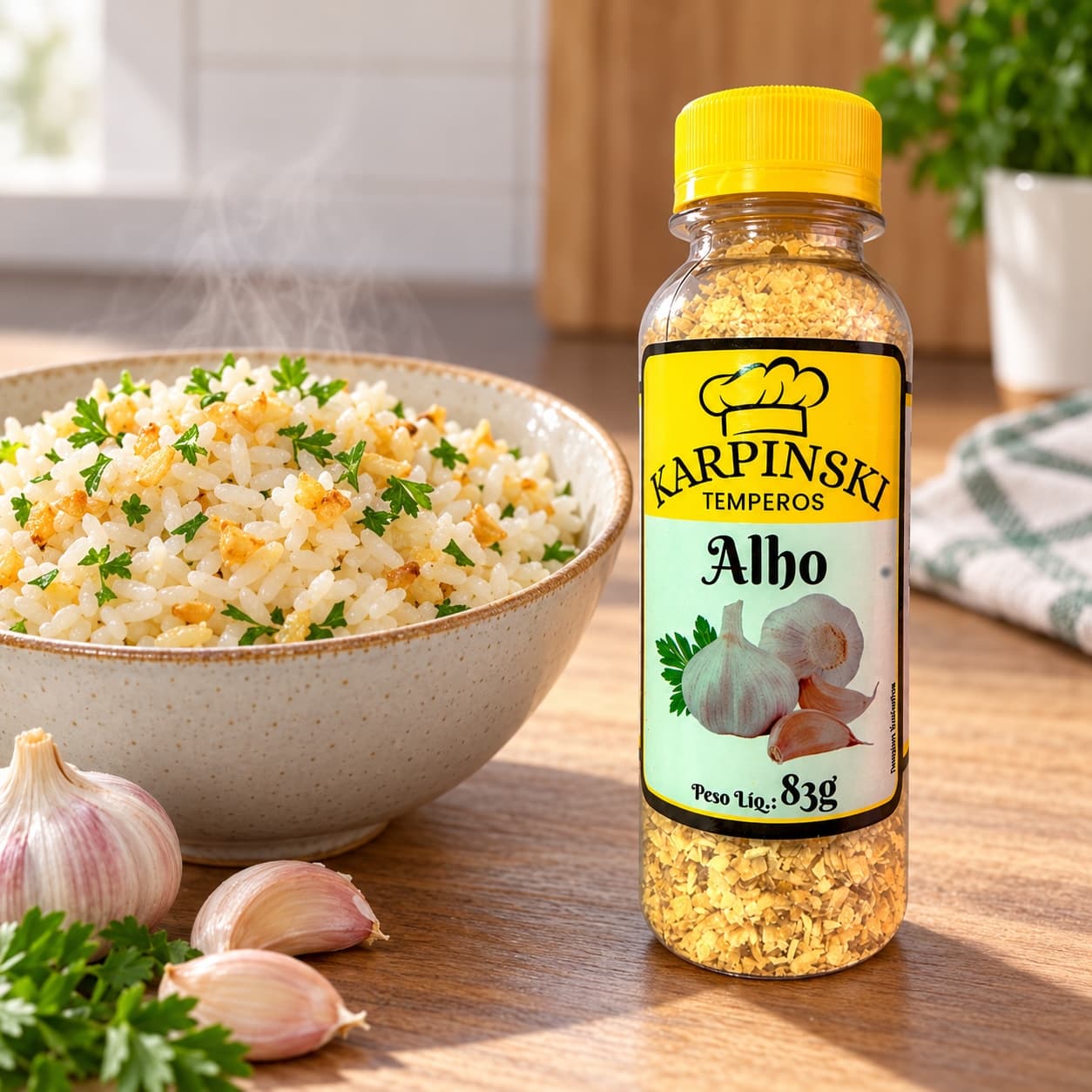 Alho Granulado Karpinski 83 g — ao lado de arroz com alho