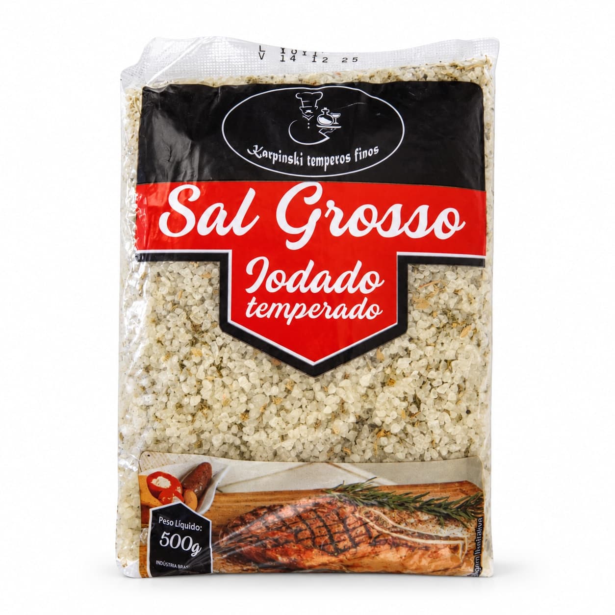 Sal Grosso Temperado em Pacote Karpinski 500 g — embalagem em fundo branco