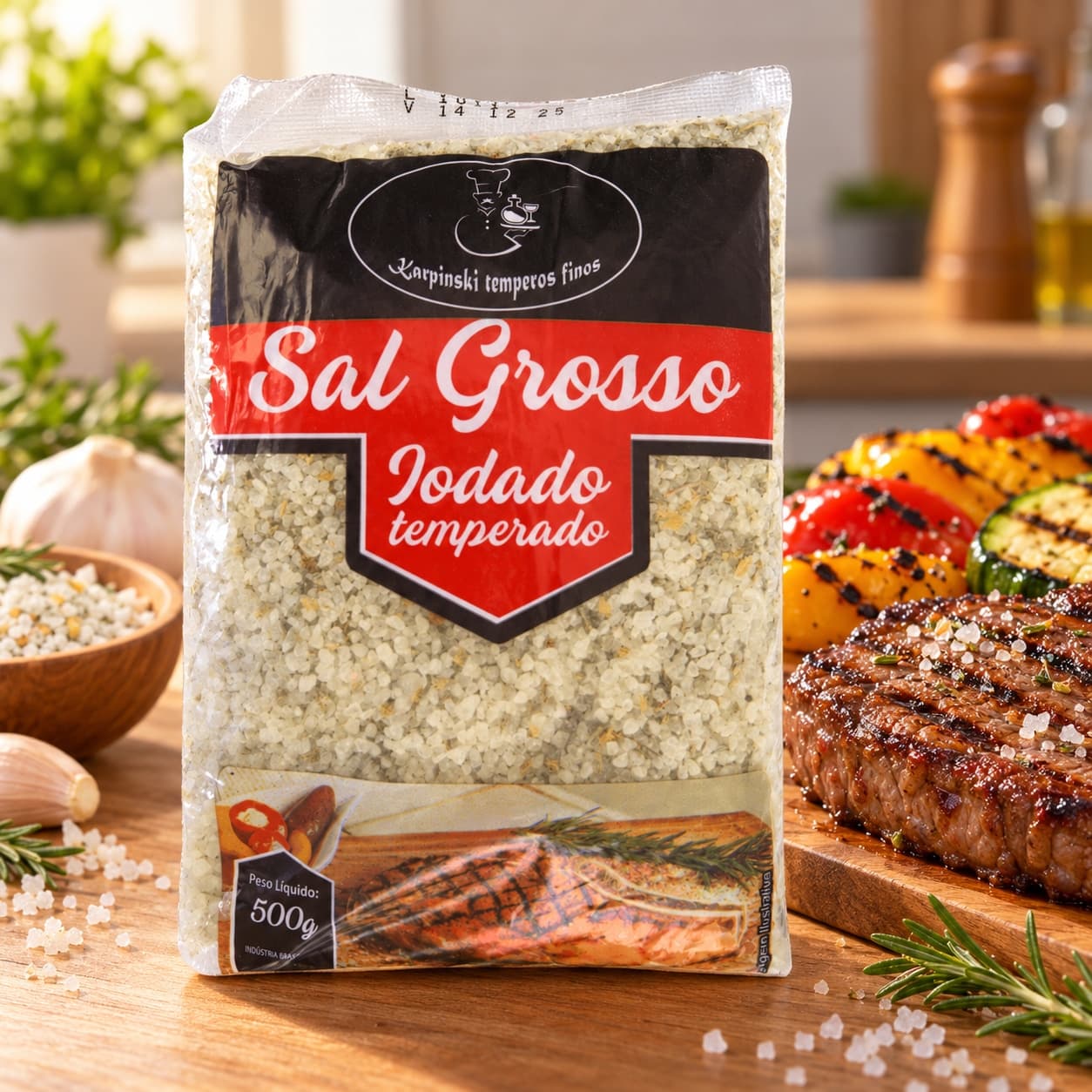 Sal Grosso Temperado em Pacote Karpinski 500 g — com legumes grelhados