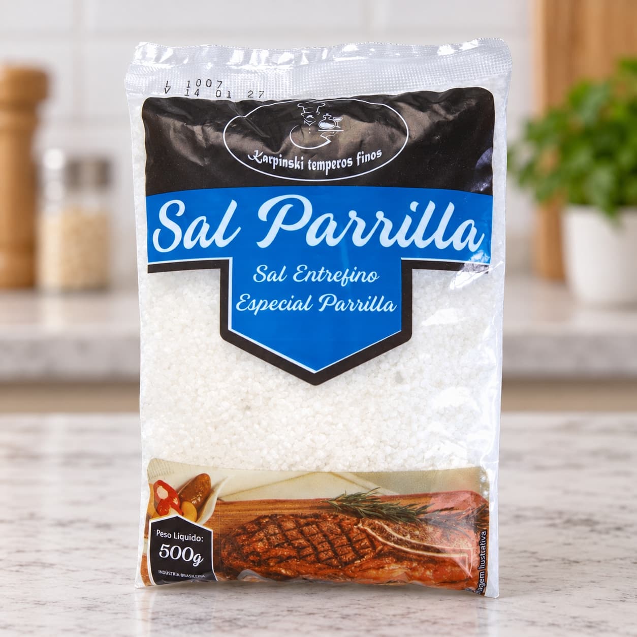 Sal Parrilla Entrefino em Pacote Karpinski 500 g — detalhe da embalagem e do rótulo