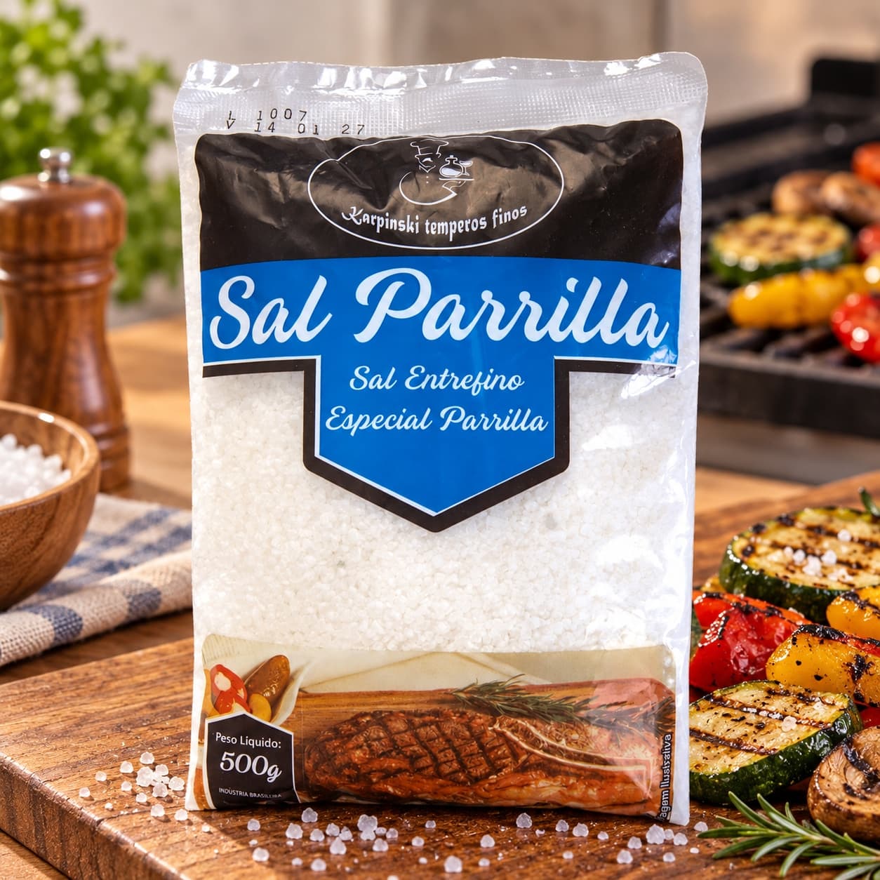 Sal Parrilla Entrefino em Pacote Karpinski 500 g — no preparo com legumes grelhados