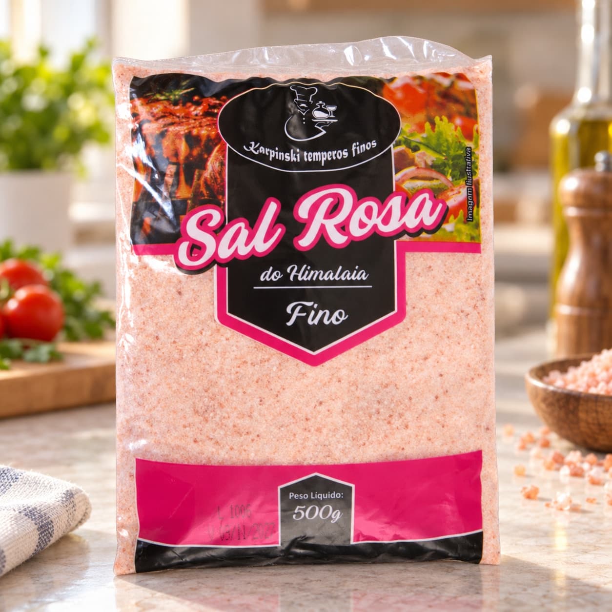 Sal Fino Rosa do Himalaia Pacote Karpinski 500 g — na bancada da cozinha