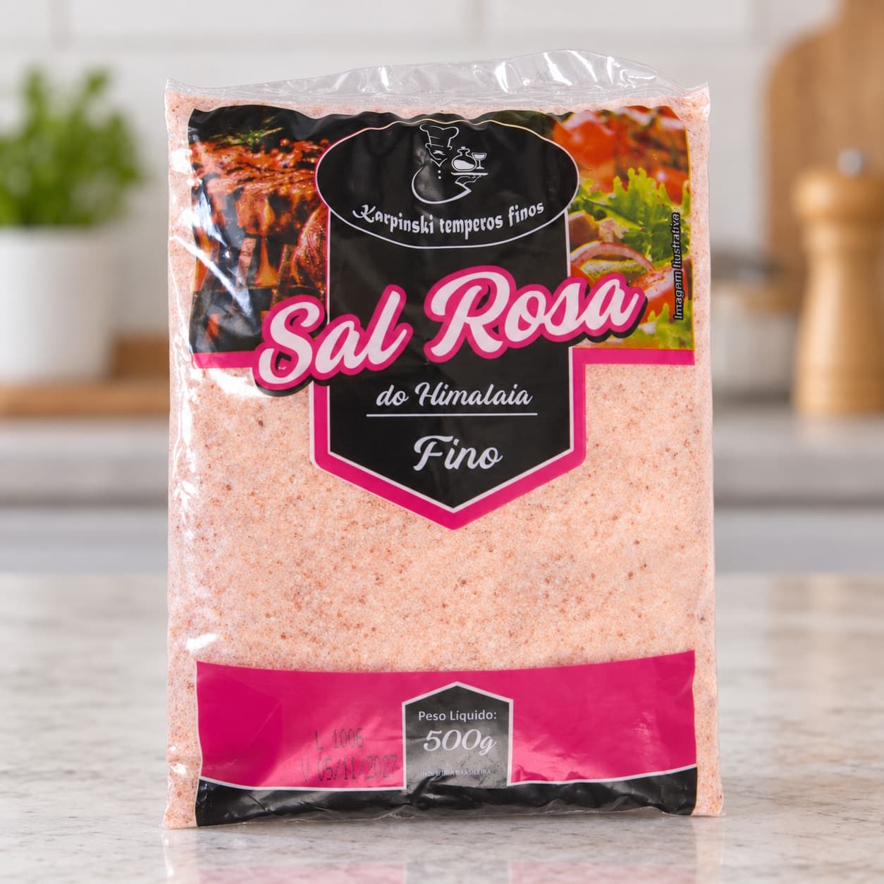 Sal Fino Rosa do Himalaia Pacote Karpinski 500 g — detalhe da embalagem e do rótulo