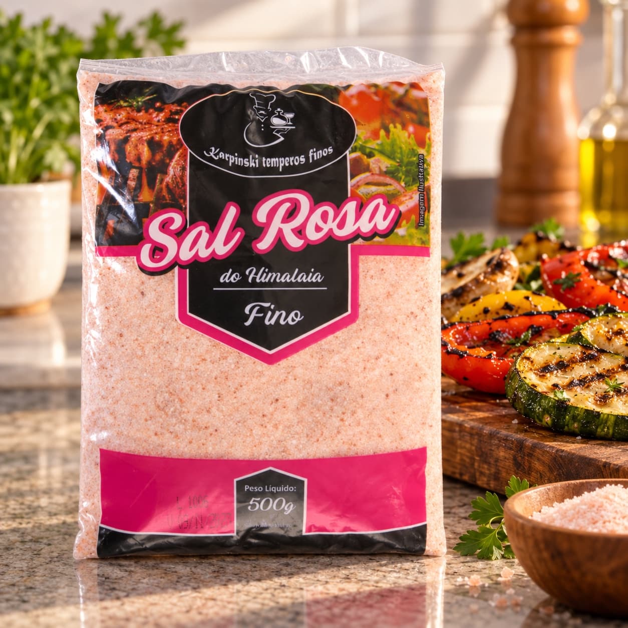 Sal Fino Rosa do Himalaia Pacote Karpinski 500 g — com legumes grelhados