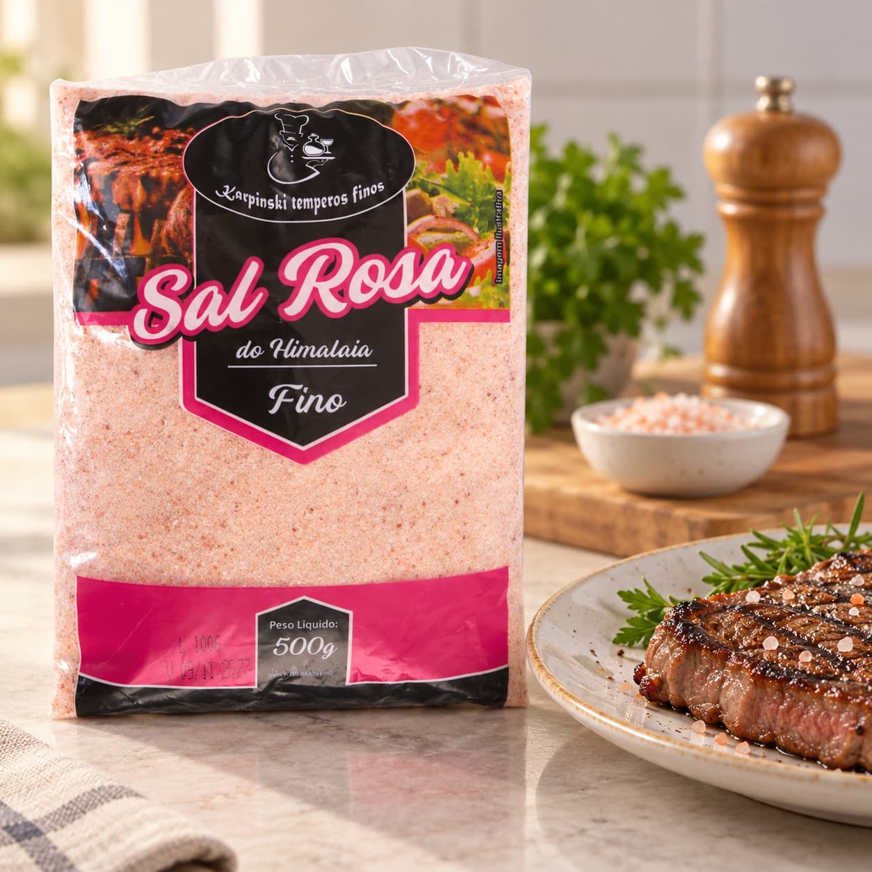 Sal Fino Rosa do Himalaia Pacote Karpinski 500 g — ao lado de carne grelhada