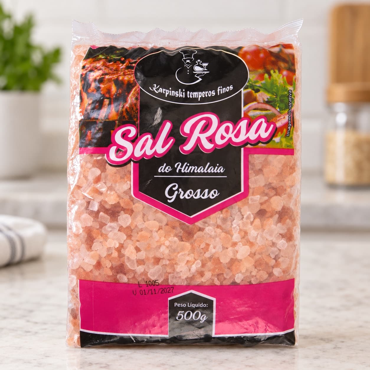 Sal Grosso Rosa do Himalaia Pacote Karpinski 500 g — detalhe da embalagem e do rótulo