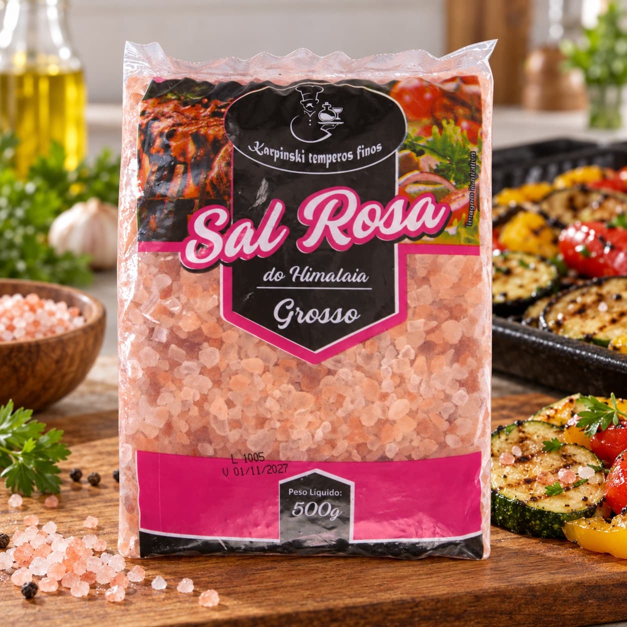 Sal Grosso Rosa do Himalaia Pacote Karpinski 500 g — no preparo com legumes grelhados