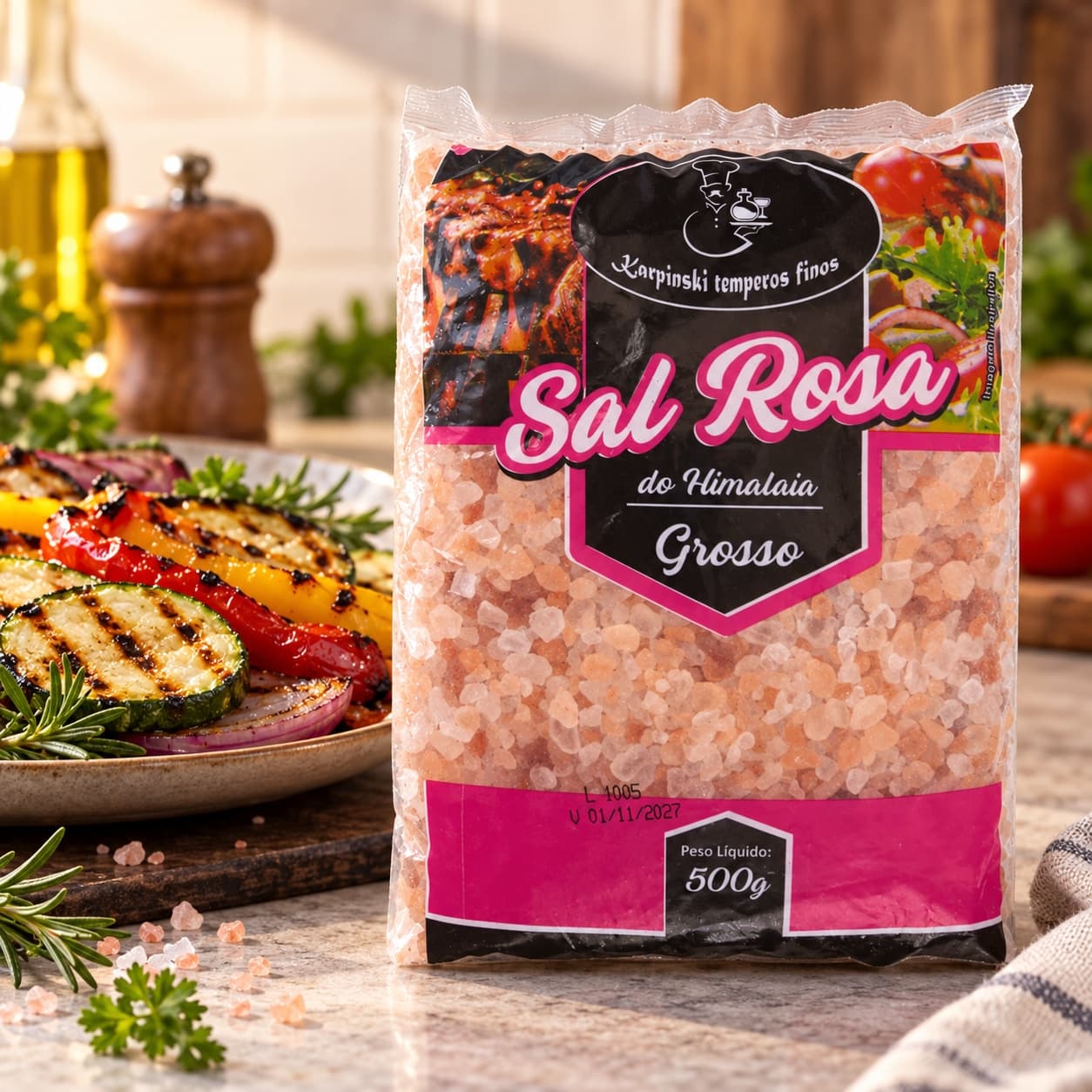 Sal Grosso Rosa do Himalaia Pacote Karpinski 500 g — com legumes grelhados