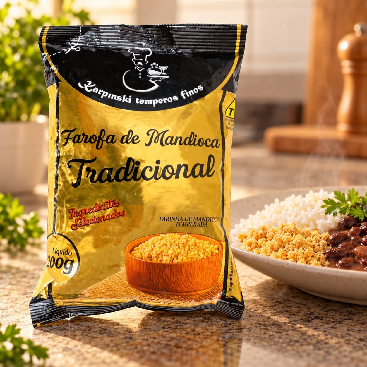 Farofa de Mandioca Tradicional Karpinski 200 g — com arroz e feijão