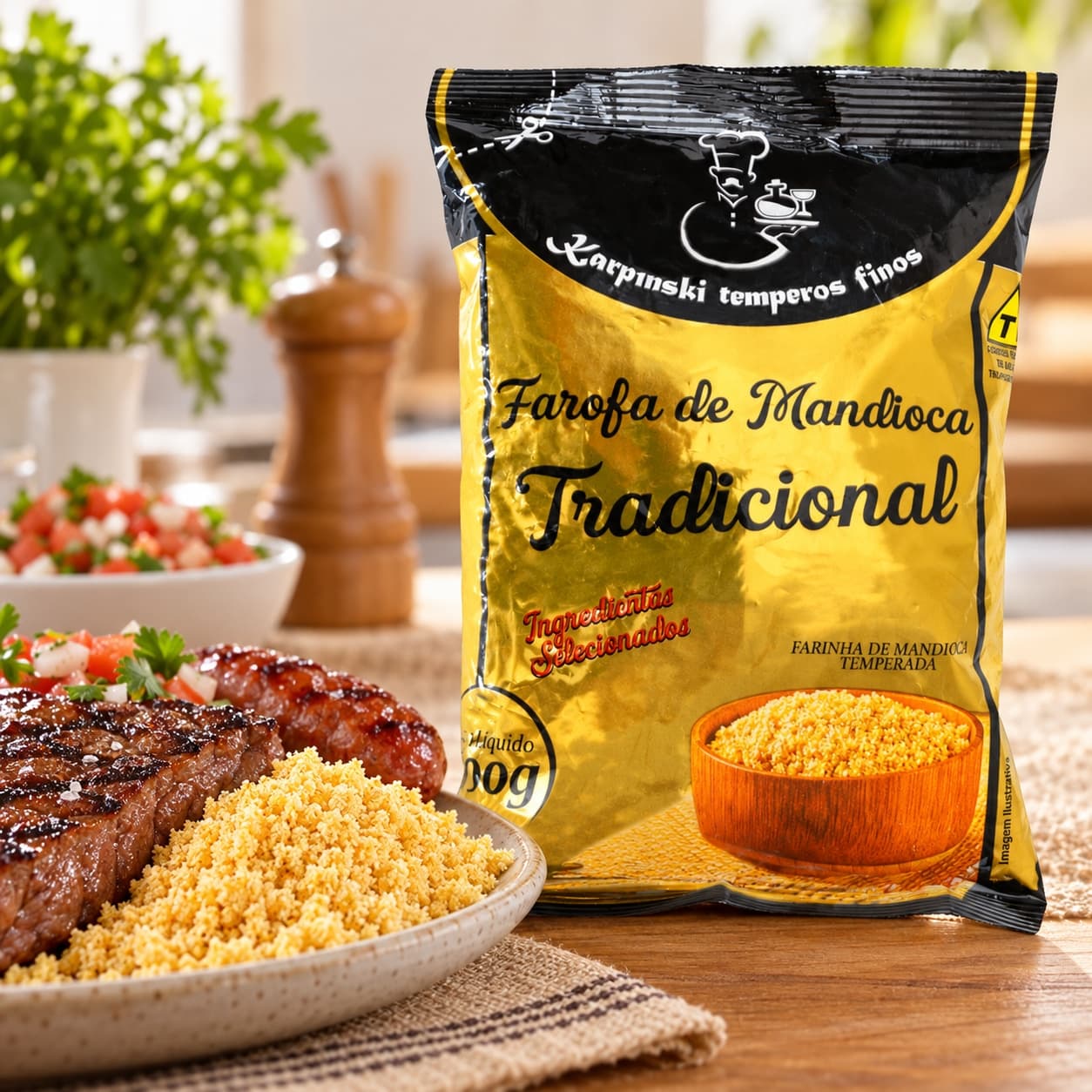 Farofa de Mandioca Tradicional Karpinski 200 g — ao lado de refeição de churrasco
