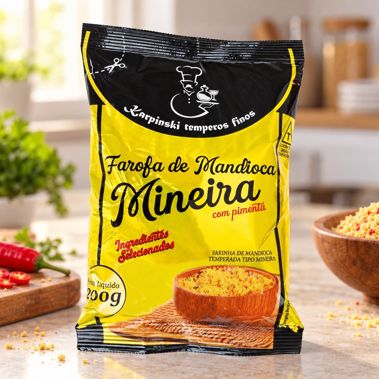 Farofa de Mandioca Mineira Temperada Karpinski 200 g — na bancada da cozinha