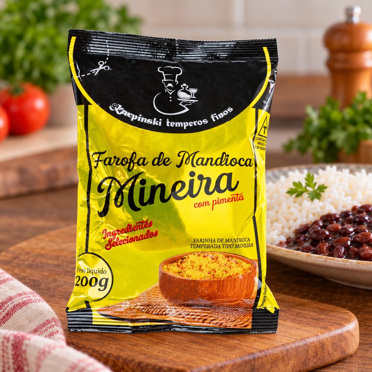 Farofa de Mandioca Mineira Temperada Karpinski 200 g — no preparo com arroz e feijão