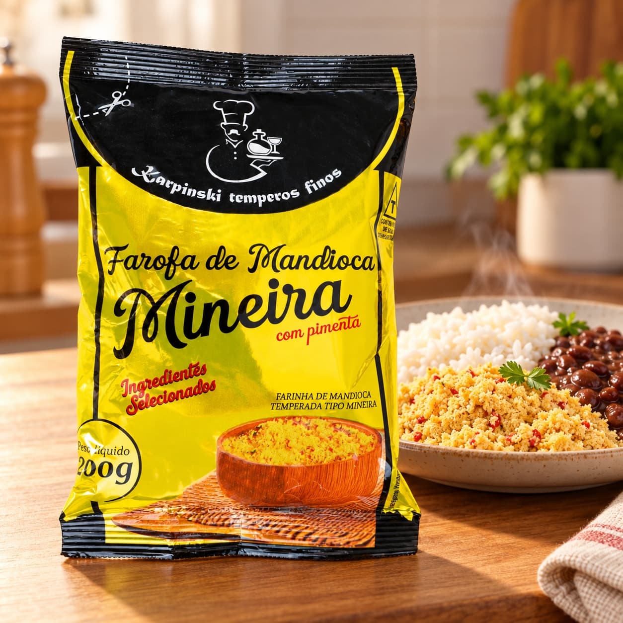 Farofa de Mandioca Mineira Temperada Karpinski 200 g — com arroz e feijão