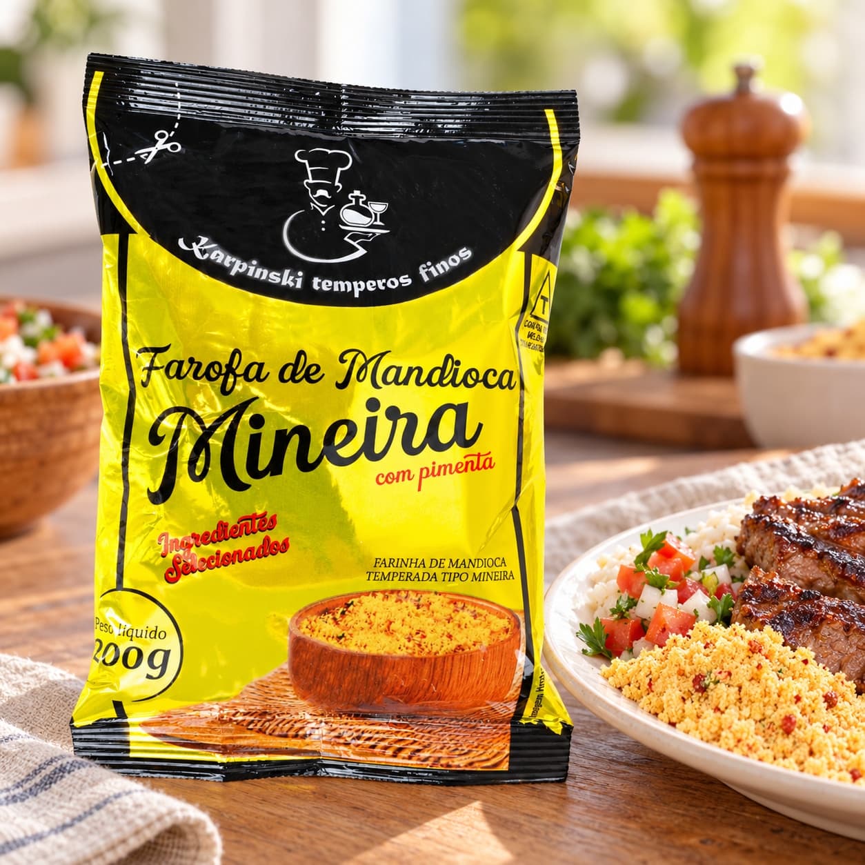 Farofa de Mandioca Mineira Temperada Karpinski 200 g — ao lado de refeição de churrasco