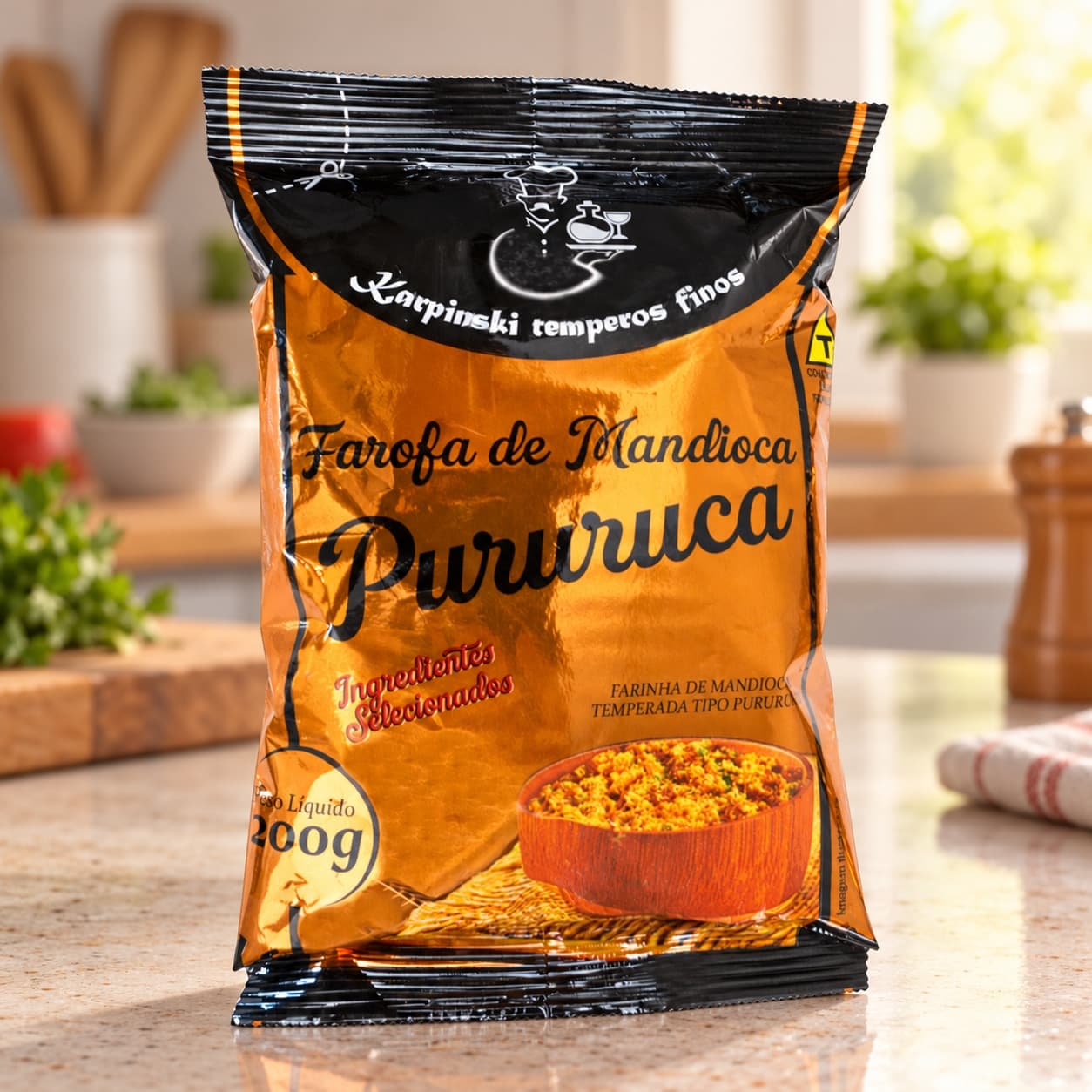 Farofa de Mandioca Pururuca Karpinski 200 g — na bancada da cozinha